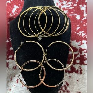 Bundle of 5 Gold Tone Bangles With 2 Pairs of Pierced Hoop Earrings